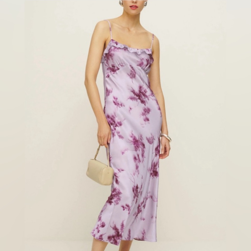Reformation Aribella Midi Silk Dress in Malibu Sunrise